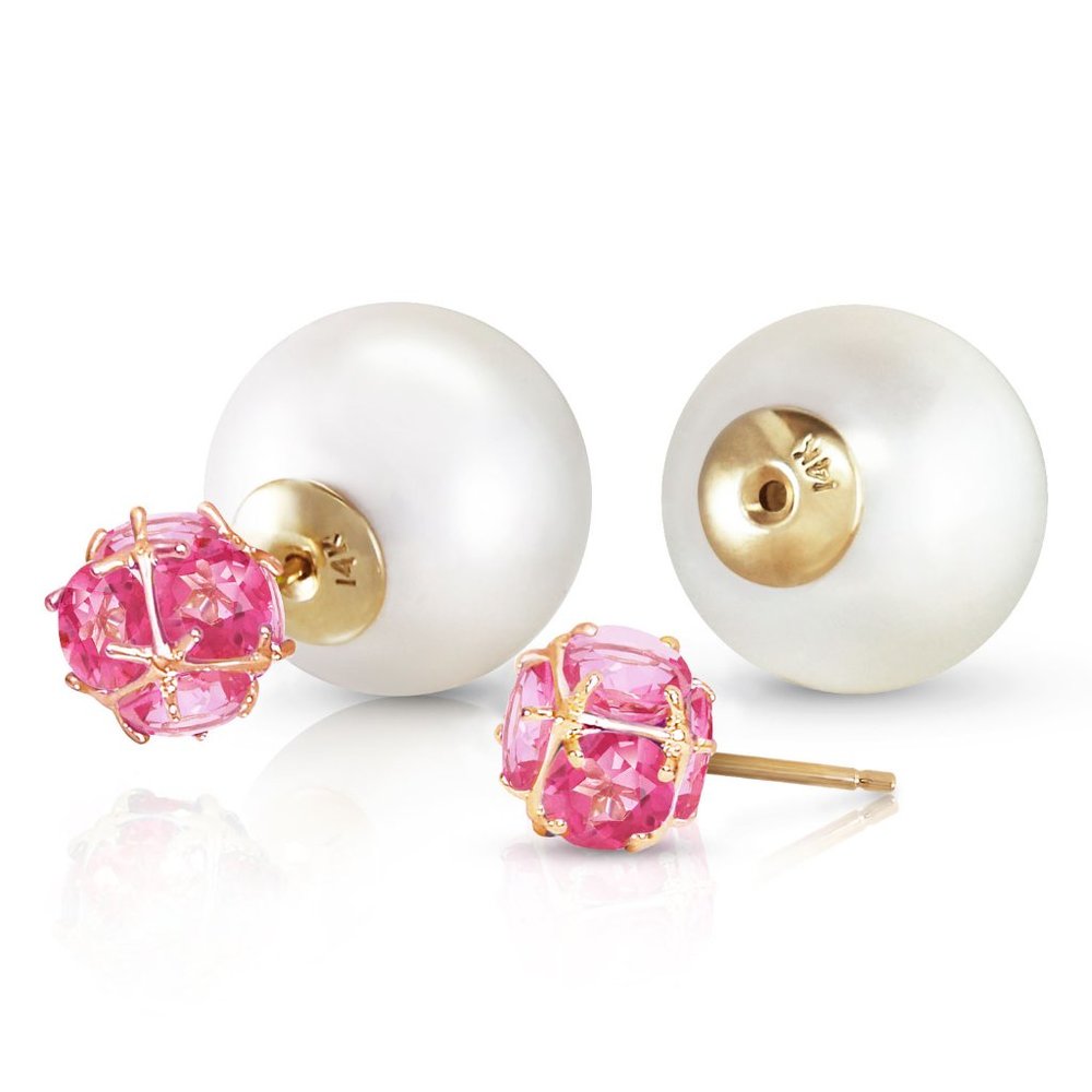 14K. GOLD TRIBAL DOUBLE SHELL PEARLS AND PINK TOPAZ STUD EARRINGS (Yellow Gold)